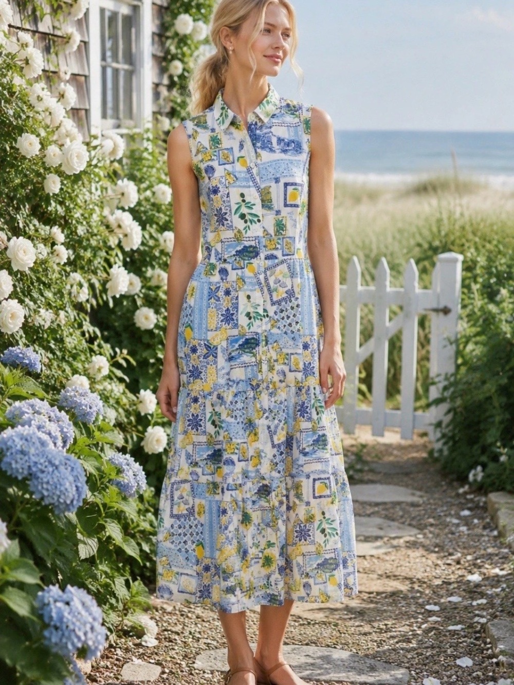 J.Crew La Dolce Vita Lemon Print Cotton Maxi Dress Sleeveless
Blue Yellow 14